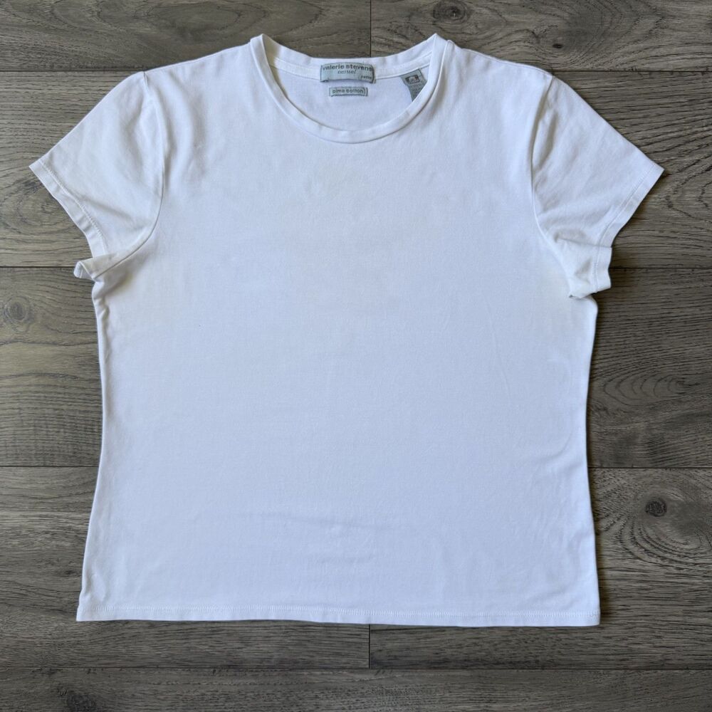 Vintage Valerie Stevens Crew Neckâ Casual Pima Cotton White Tee - Petite Large